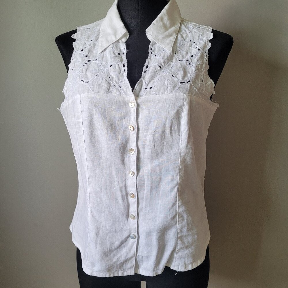 Richard Malcom white linen sleeveless embroidered shirt
